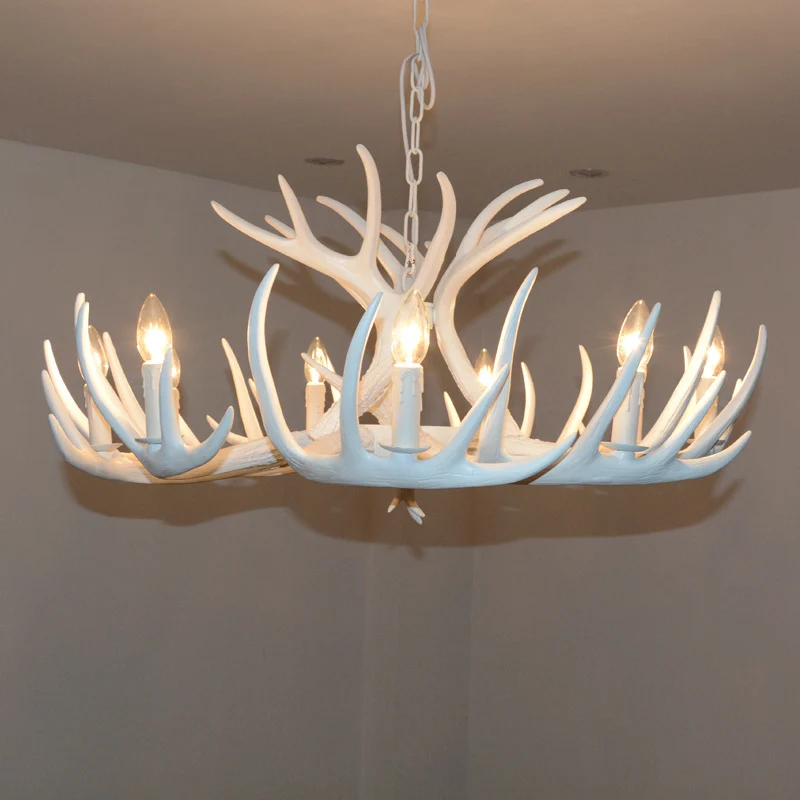 Lustre en bois de cerf à ampoule nue, Suspension en résine blanche de Style campagnard pour le salon
