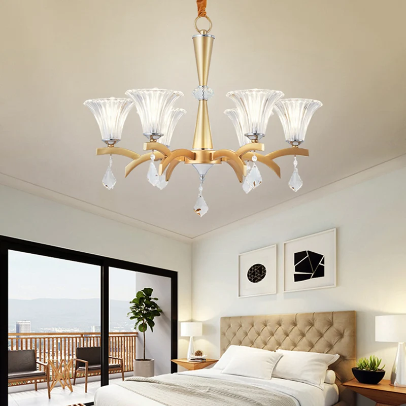 Lustre suspendu en or à 6/8 ampoules, éclairage suspendu moderne avec abat-jour en forme de cloche, Design en cristal net...