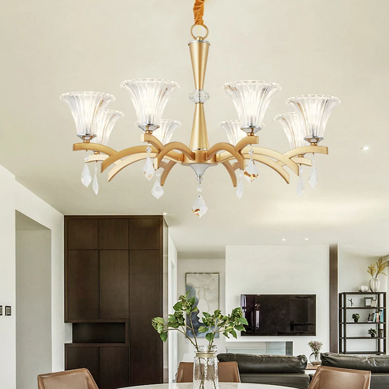 Lustre suspendu en or à 6/8 ampoules, éclairage suspendu moderne avec abat-jour en forme de cloche, Design en cristal net...