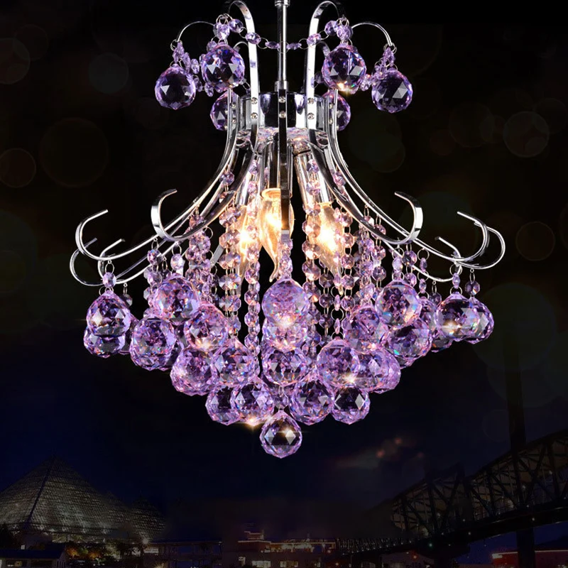Lustre suspendu à 3 ampoules, goutte de pluie traditionaliste, violet/rouge, boule de cristal à facettes, éclairage vers l...