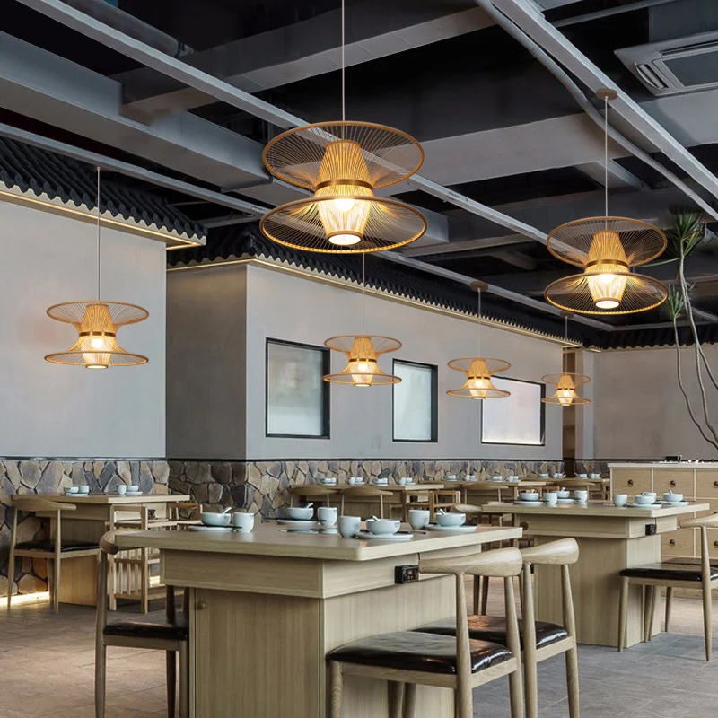 Plafonnier en bambou ressemblant à un lotus, style asiatique, suspension en bois à 1 ampoule pour restaurant