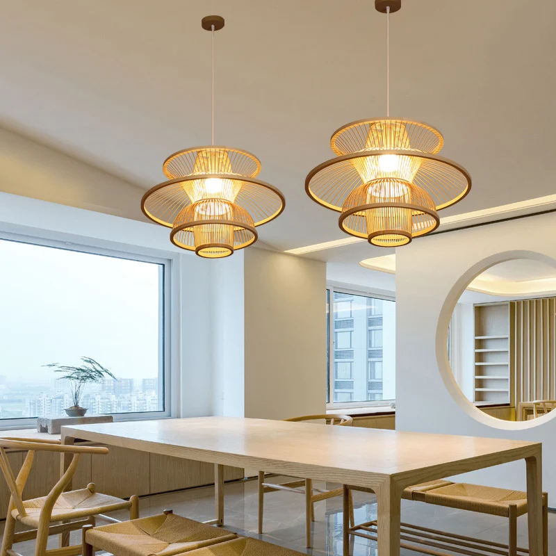 Plafonnier en bambou ressemblant à un lotus, style asiatique, suspension en bois à 1 ampoule pour restaurant