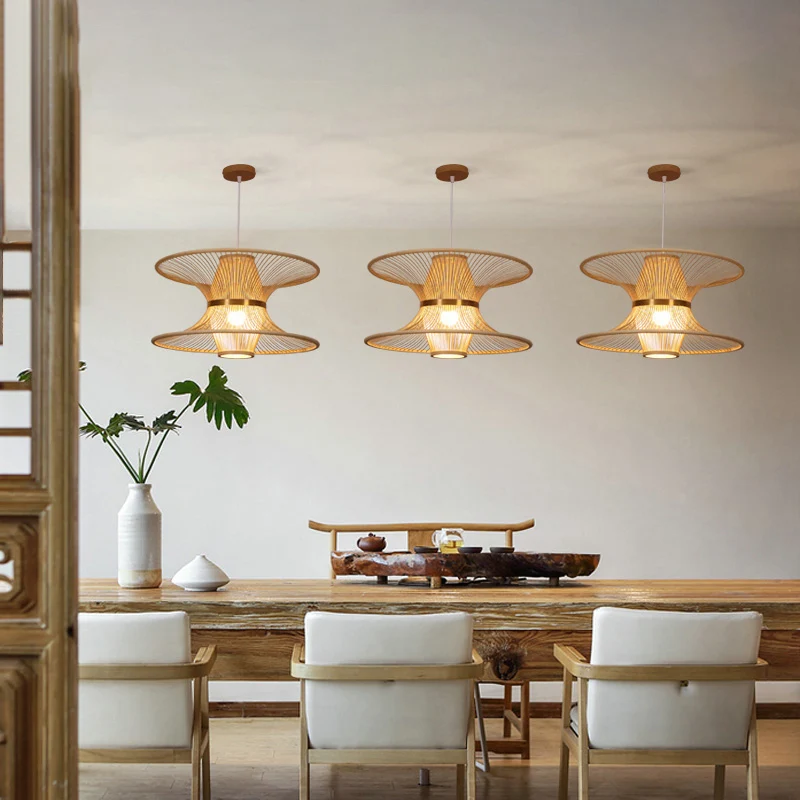 Plafonnier en bambou ressemblant à un lotus, style asiatique, suspension en bois à 1 ampoule pour restaurant