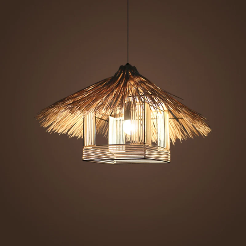 Plafonnier ombragé en rotin de style asiatique, luminaire suspendu en bois à 1 ampoule pour restaurant
