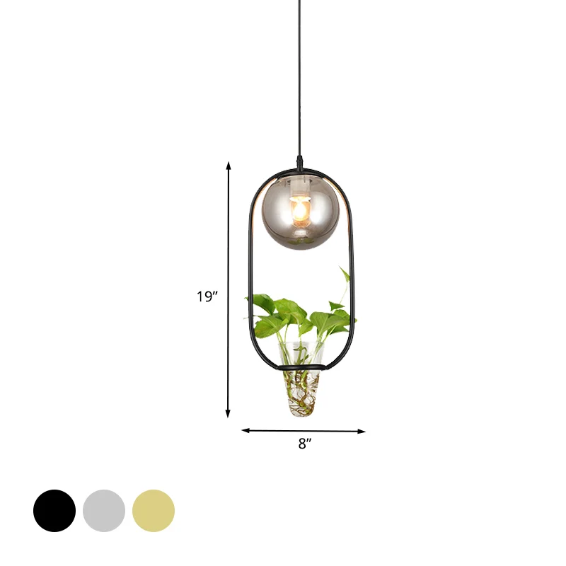 Plafonnier suspendu industriel Global, 1 ampoule, lampe à suspension en verre gris fumé, noir/gris/or, avec cage ovale et...