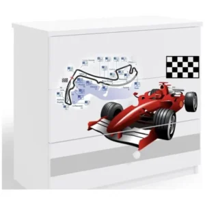 Commode enfant blanche voiture de course 80cm Kit de fixation inclus