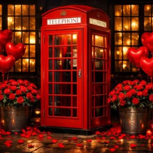 Fond avec ballons en forme de cœur cabine téléphonique rouge et roses rouges LXX512-101