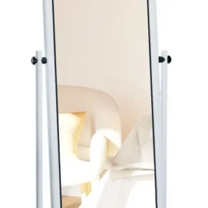 Miroir sur pied rectangulaire à angles arrondis 166 × 48 cm avec roulettes pivotant à 360° cadre métal blanc 10_0008489