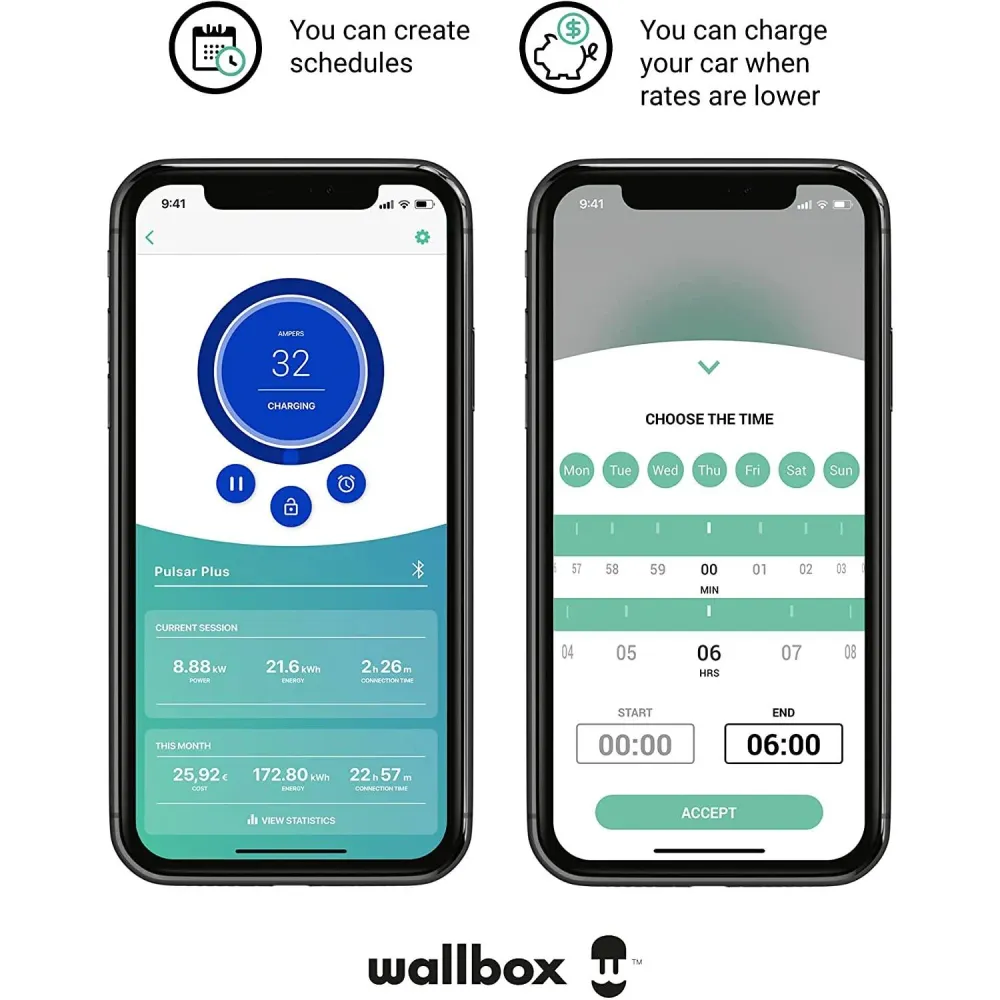 Station de charge murale Pulsar Plus 7.4kW monophasée câble 5m pour véhicules électriques