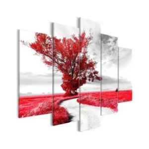 Tableau Tree near Road (5 Parts) Red : Taille - 200 x 100 cm