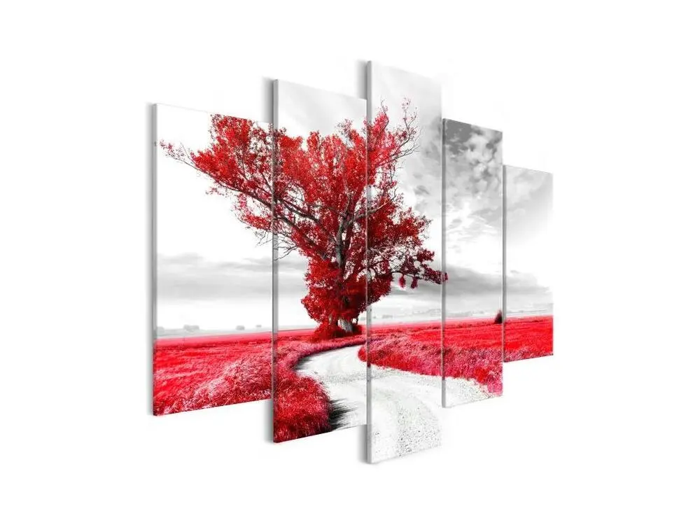 Tableau Tree near Road (5 Parts) Red : Taille - 200 x 100 cm