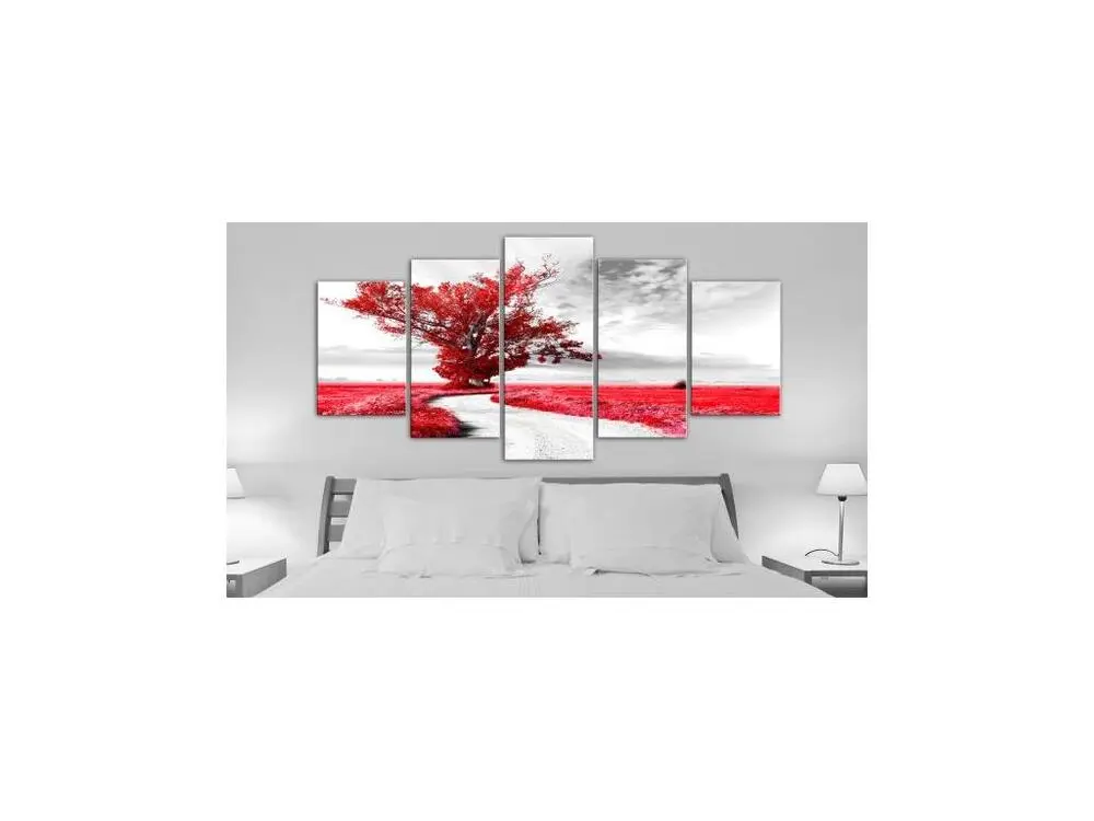 Tableau Tree near Road (5 Parts) Red : Taille - 200 x 100 cm