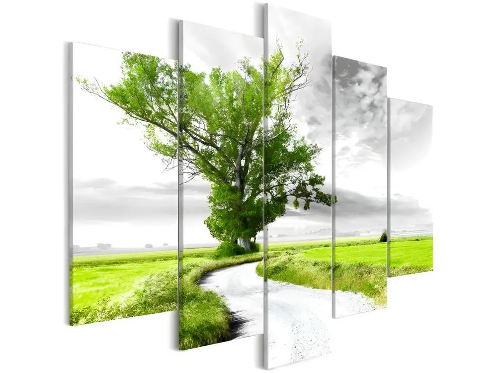 Tableau Tree near Road (5 Parts) Vert êt : Taille - 200 x 100 cm