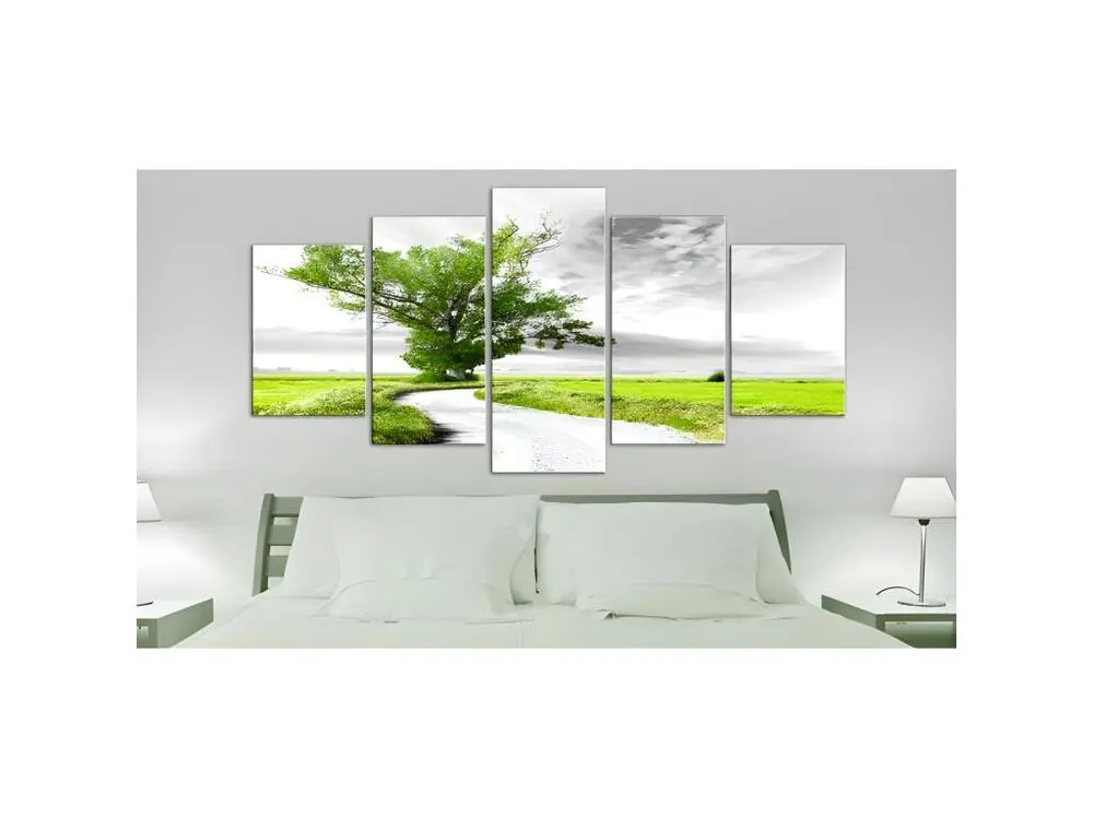 Tableau Tree near Road (5 Parts) Vert êt : Taille - 200 x 100 cm