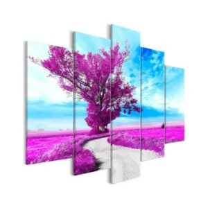 Tableau Tree near Road (5 Parts) Violet : Taille - 200 x 100 cm