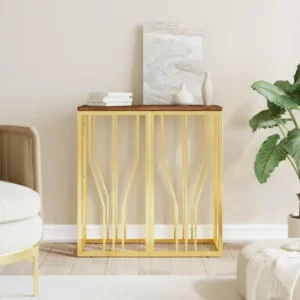 Table console doré acier inoxydable et bois massif récupération avec Ports USB