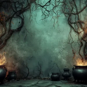 Fond pour Halloween Chaudron de sorcière Flammes de bougies Fonds effrayants pour Halloween TWW510-40 en jaune ambré