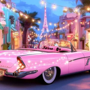 Toile de fond Été Voiture Rose Tour Eiffel Lumières ZXY3-20 pour travaux sur voie