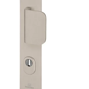 Ensemble poignée de porte blindée aileron sur plaque régulier eMUST Bricard entraxe 195mm brossé gris