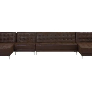 6 Seater U-Shaped Configurable Faux Leather Sofa Brown ABERDEEN