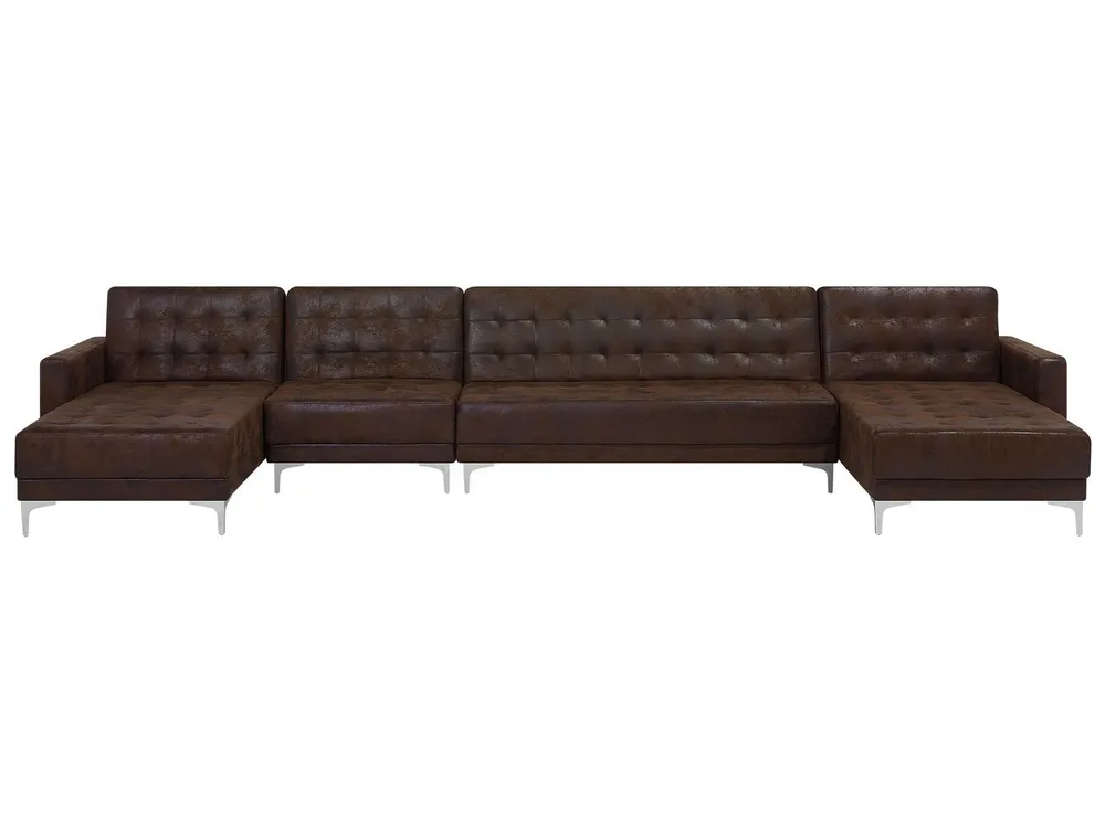 6 Seater U-Shaped Configurable Faux Leather Sofa Brown ABERDEEN