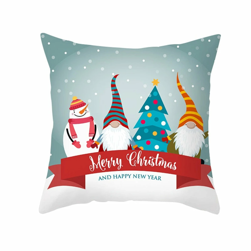 Housse de coussin de noël - bonhomme de neige avec sapin et lutins avec fixation universelle