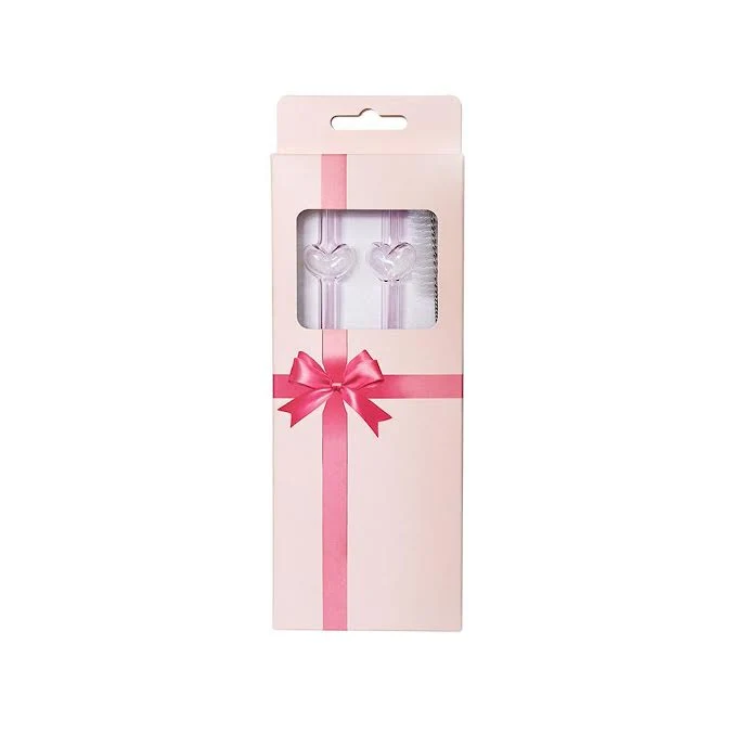 Reusable Glass Straws Heart Design Pink