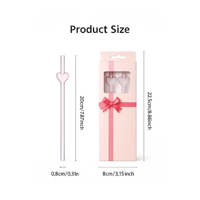 Reusable Glass Straws Heart Design Pink