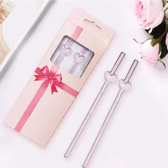 Reusable Glass Straws Heart Design Pink