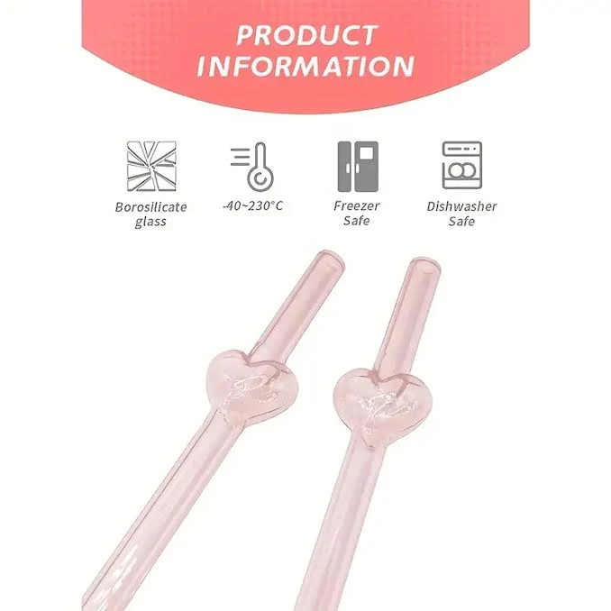 Reusable Glass Straws Heart Design Pink
