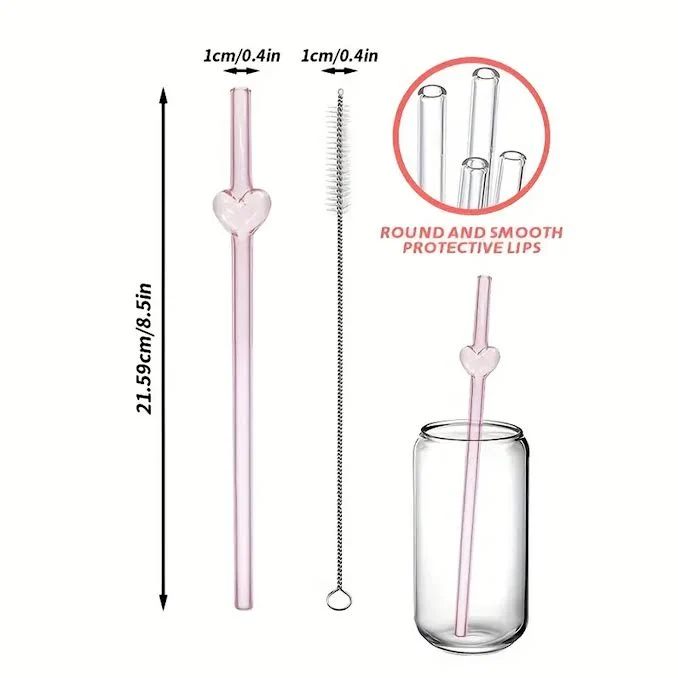 Reusable Glass Straws Heart Design Pink