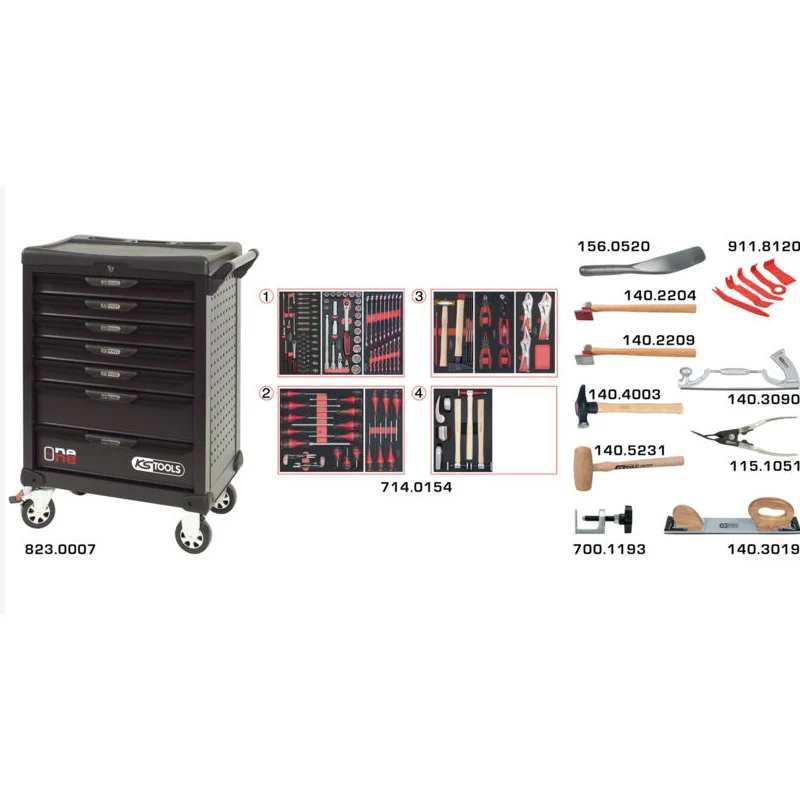 Servante OnebyOne 7 tiroirs composée d’outils pour la carrosserie, 166 pièces - KS TOOLS - 823.7154