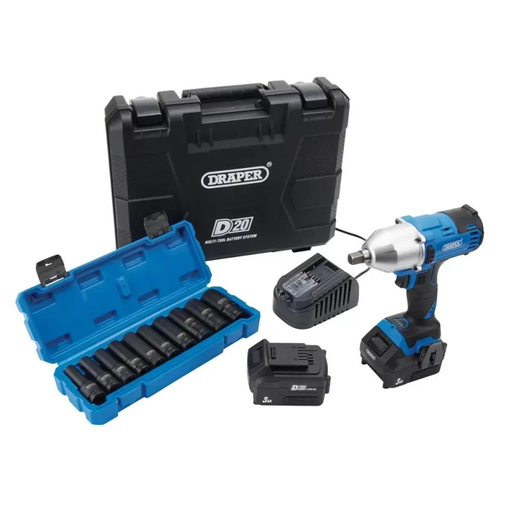 Cire silicone Draper PTKD20/OCT2 20V Impact Wrench Kit 1/2" Sq & Metric Deep Impact Socket Set 10 Pes 04791