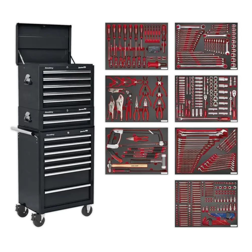 Sealey TBTPCOMBO2 Tool Chest Combination 14 Drawer Ball Bearing Slides Noir jais & 446pc Tool Kit pour préparation hivernale