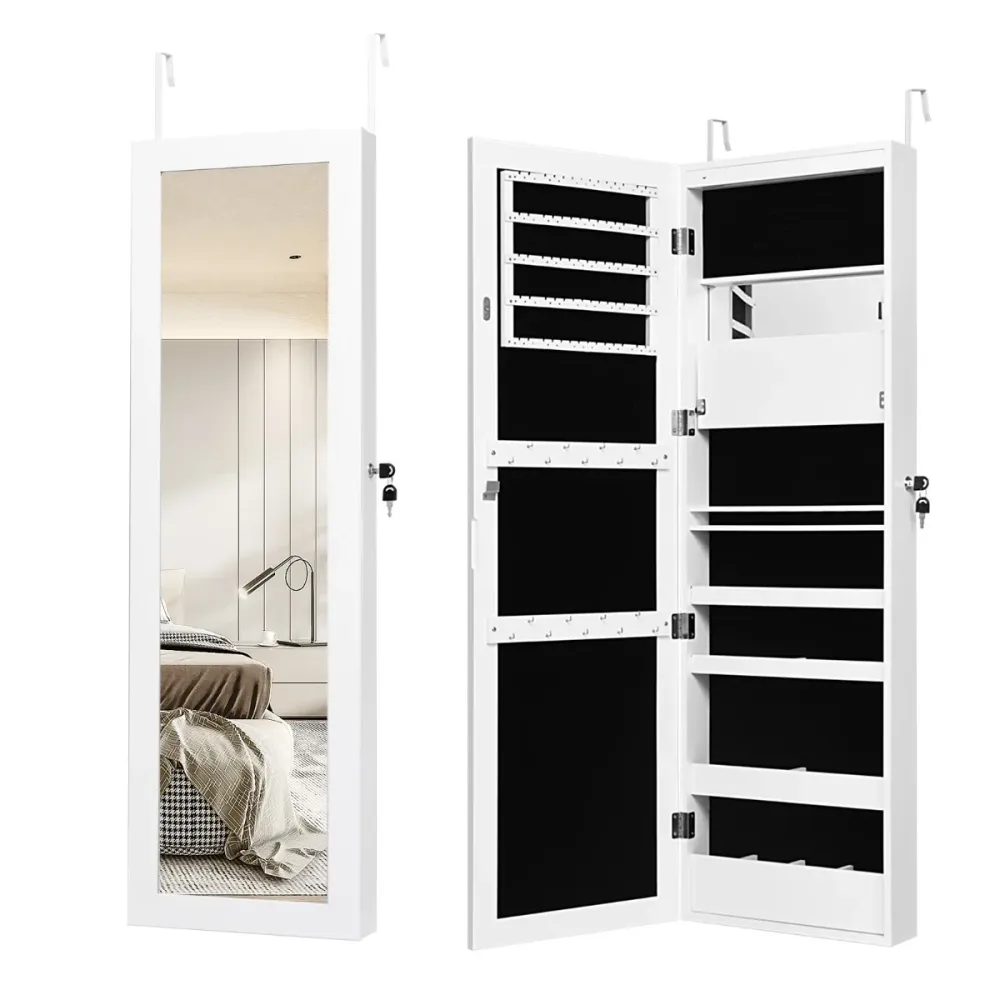 Armoire à bijoux murale 37 x 9 x 119 cm avec miroir et 12 LED intégrées design récent verrouillable en MDF blanc 20_0010338