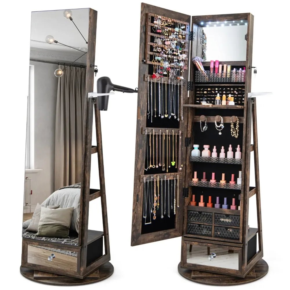 Armoire à bijoux pivotante à 360°miroir pleine longueur lumières led etagère 3 niveaux porte verrouillable noyer 20_0007718