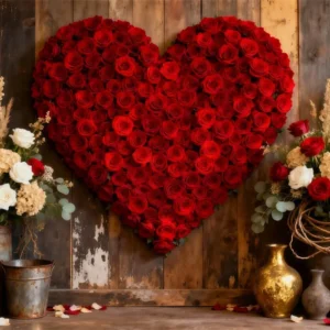Décor avec fleurs en forme de cœur, porte en bois, roses rouges, décor pour la Saint-Valentin LXX512-165