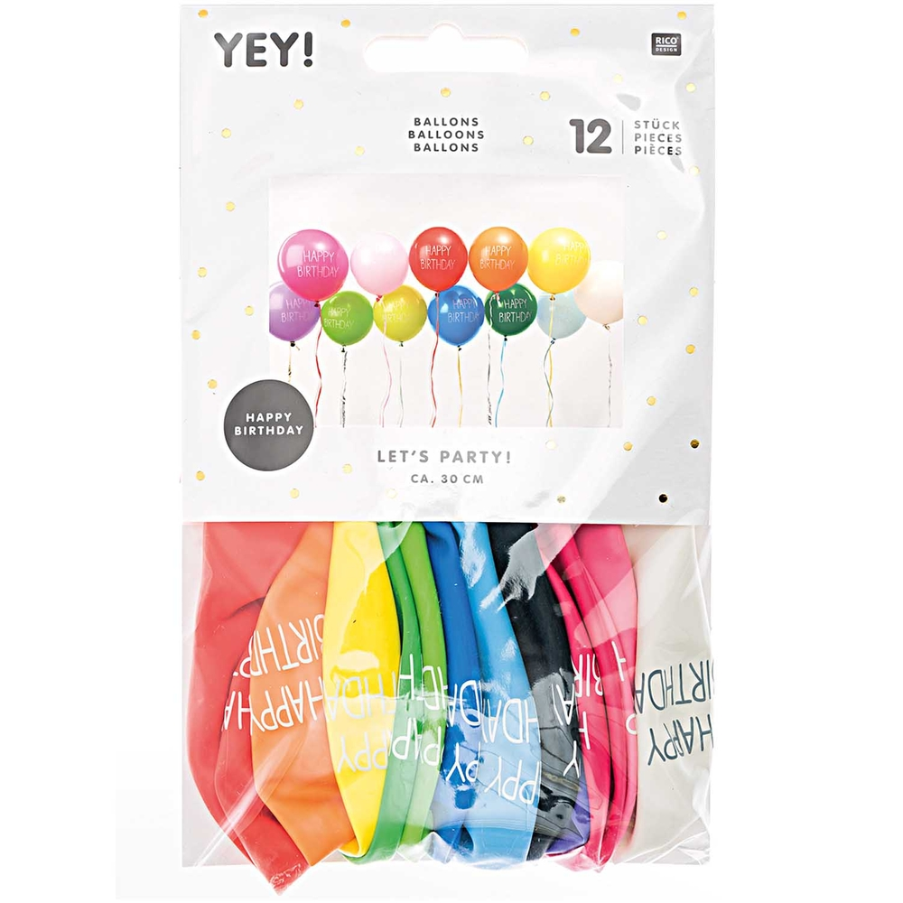 Ballons 'Happy birthday' couleurs mixées, H. 30 cm, x 12 pièces Rico Design