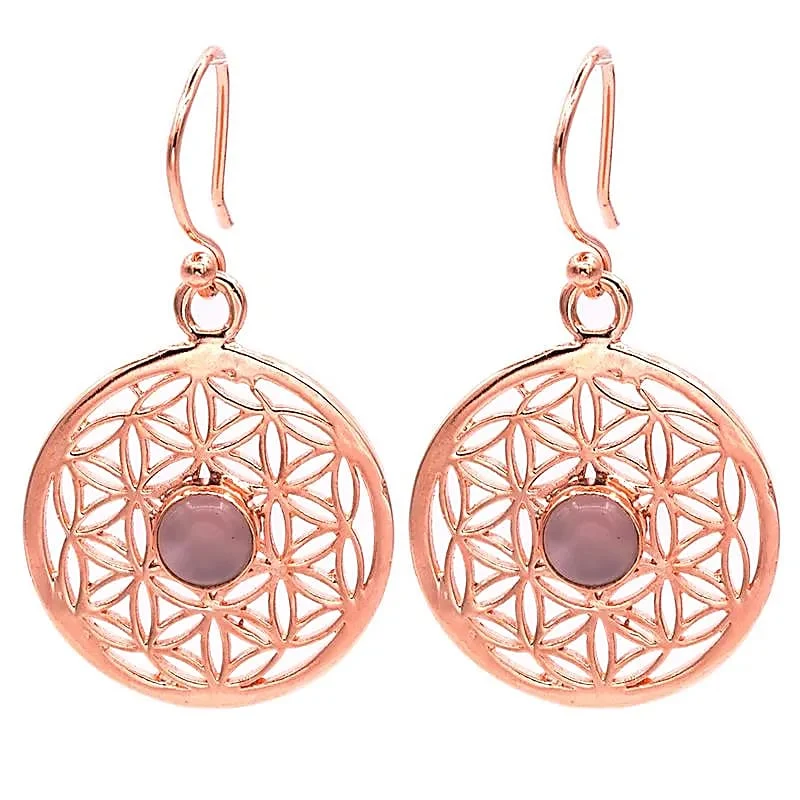Boucles d'oreilles fleur de vie avec Quartz Rose