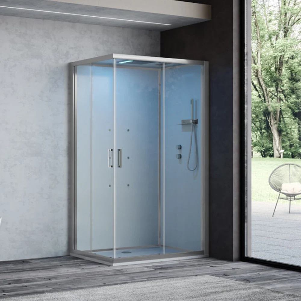 Cabine de douche multifonction Ercole Plus 120x80 cm avec hydrojets dorsaux Bluetooth et chromothérapie - Version droite