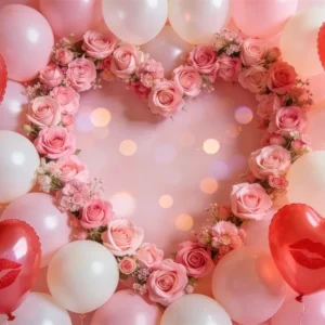 Fond ballons en forme de cœur Couronne de roses roses Fond Saint-Valentin LXX512-159