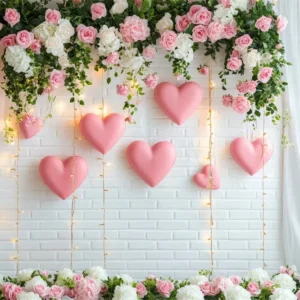 Fond romantique Cœur fleuri Guirlande lumineuse Fond de couronne de la Saint-Valentin LXX512-150