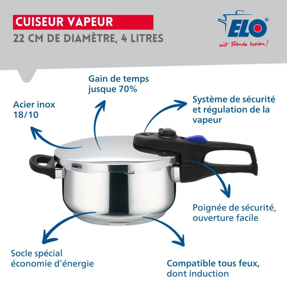 Autocuiseur vapeur en acier inoxydable 18/10 22 cm 4 litres Elo Praktika par SW-MOTECH
