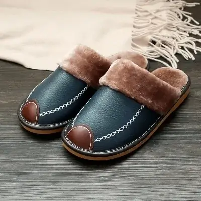Pantoufles chaudes en cuir pour hommes - Cuir végétalien - Importé Compatible avec la plupart des modèles