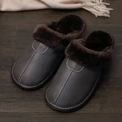 Pantoufles chaudes en cuir pour hommes - Cuir végétalien - Importé Compatible avec la plupart des modèles