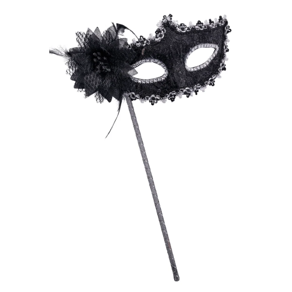 Masque Vénitien Fleur Pailleté Noir sur Bâton – Élégant & Mystérieux