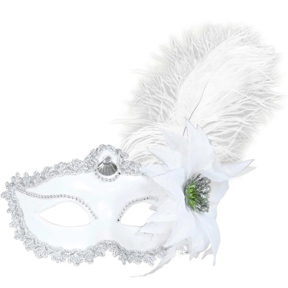 Masque Vénitien Plume & Fleur Blanc – Élégant & Raffiné