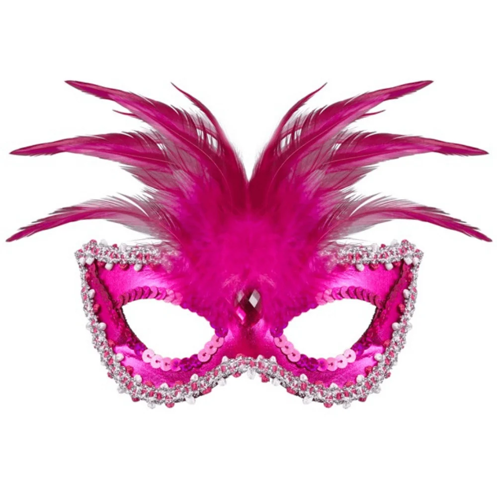 Masque Vénitien Plumes Fuschia – Contour Métallisé & Pailleté