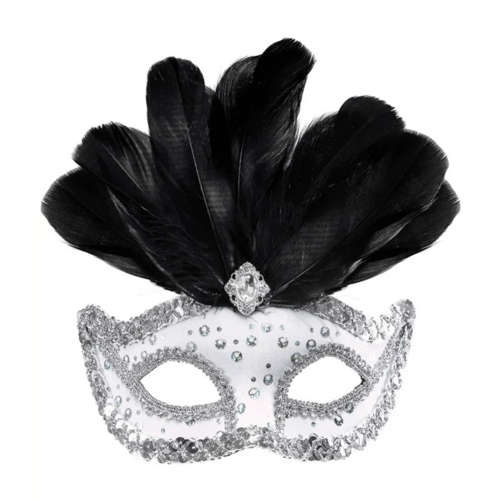 Masque Vénitien Plumes Noir – Contour Pailleté Blanc