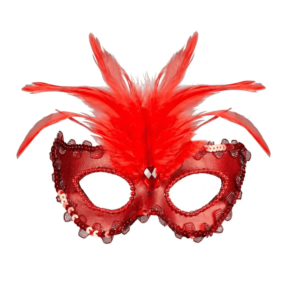 Masque Vénitien Plumes Rouge – Contour Métallisé & Pailleté